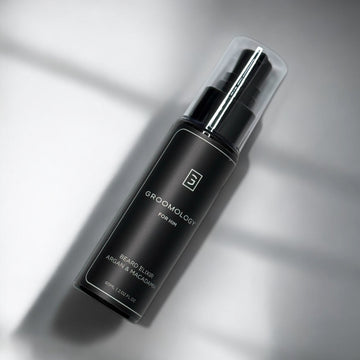 GROOMOLOGY® Argan & Macadamia Elixir in a sleek black bottle for premium beard care and nourishment.