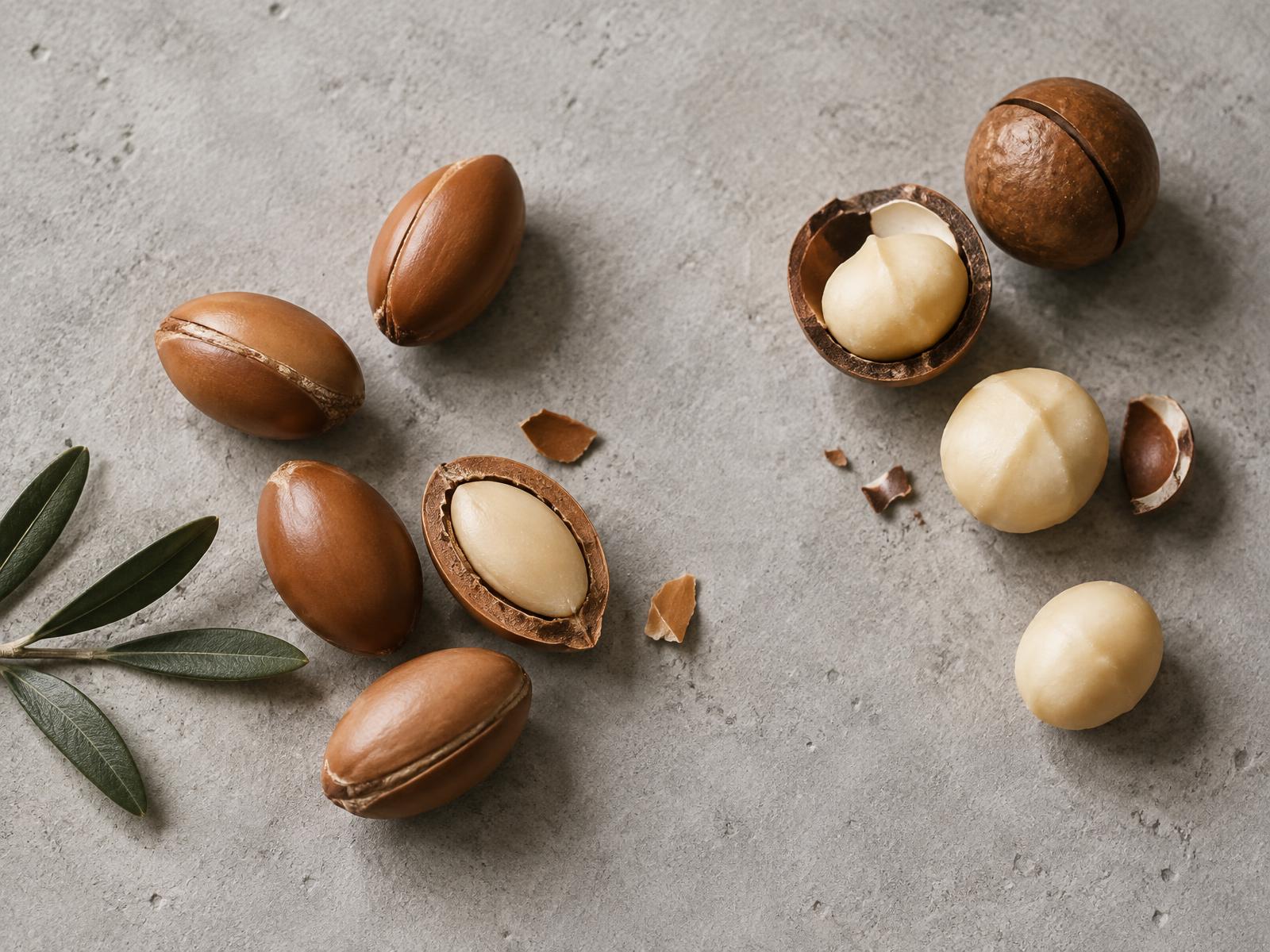 Argan kernels and macadamia nuts on a grey stone surface