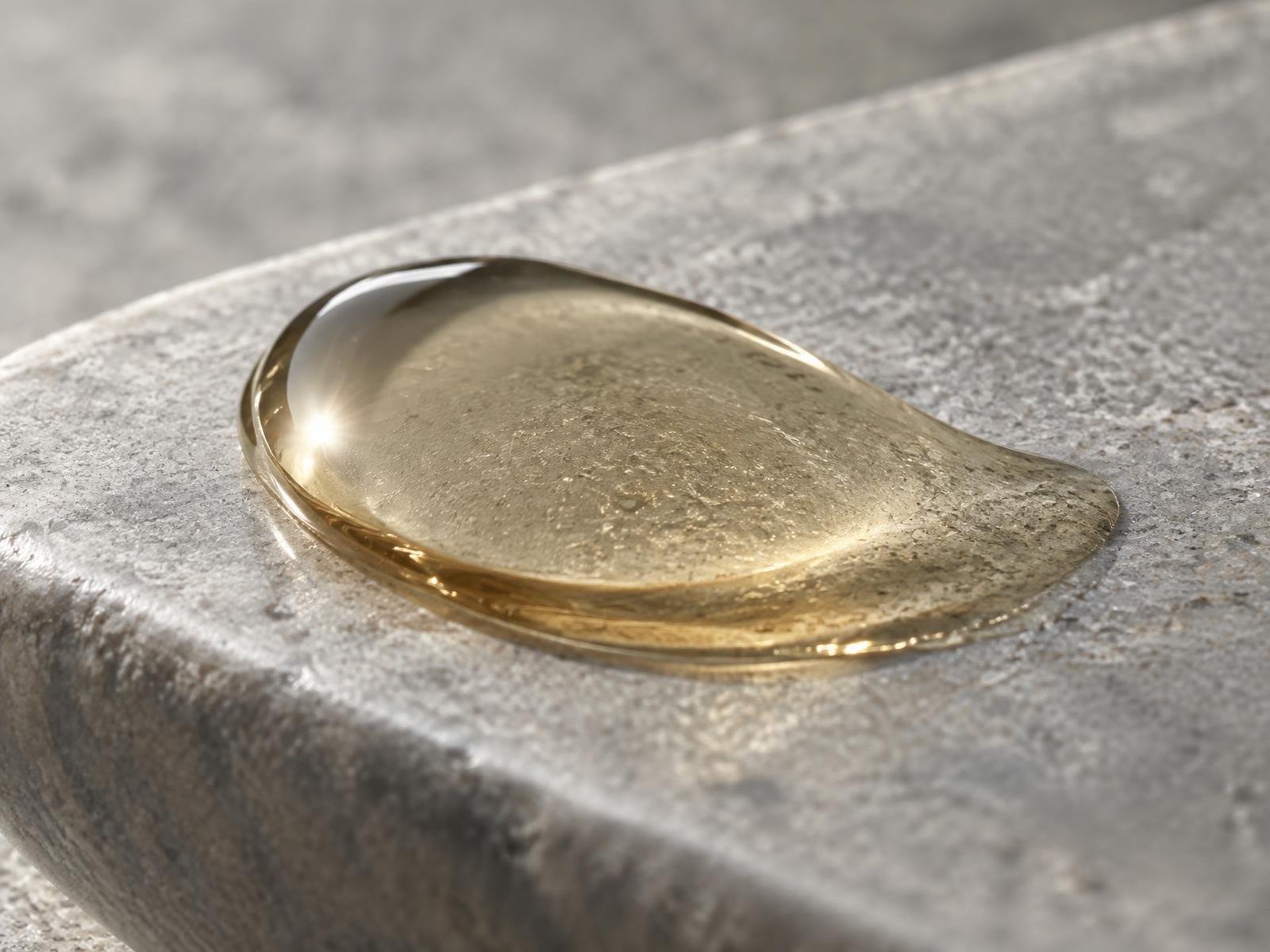 Macro detail of a golden oil droplet on stone